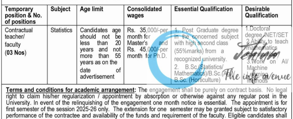 SKUAST JAMMU DIVISION OF STATISTICS AND COMPUTER SCIENCE FACULTY RECRUITMENT ADVT NOTIFICATION NO AUJ/FBSc/25-26/F-96/411
