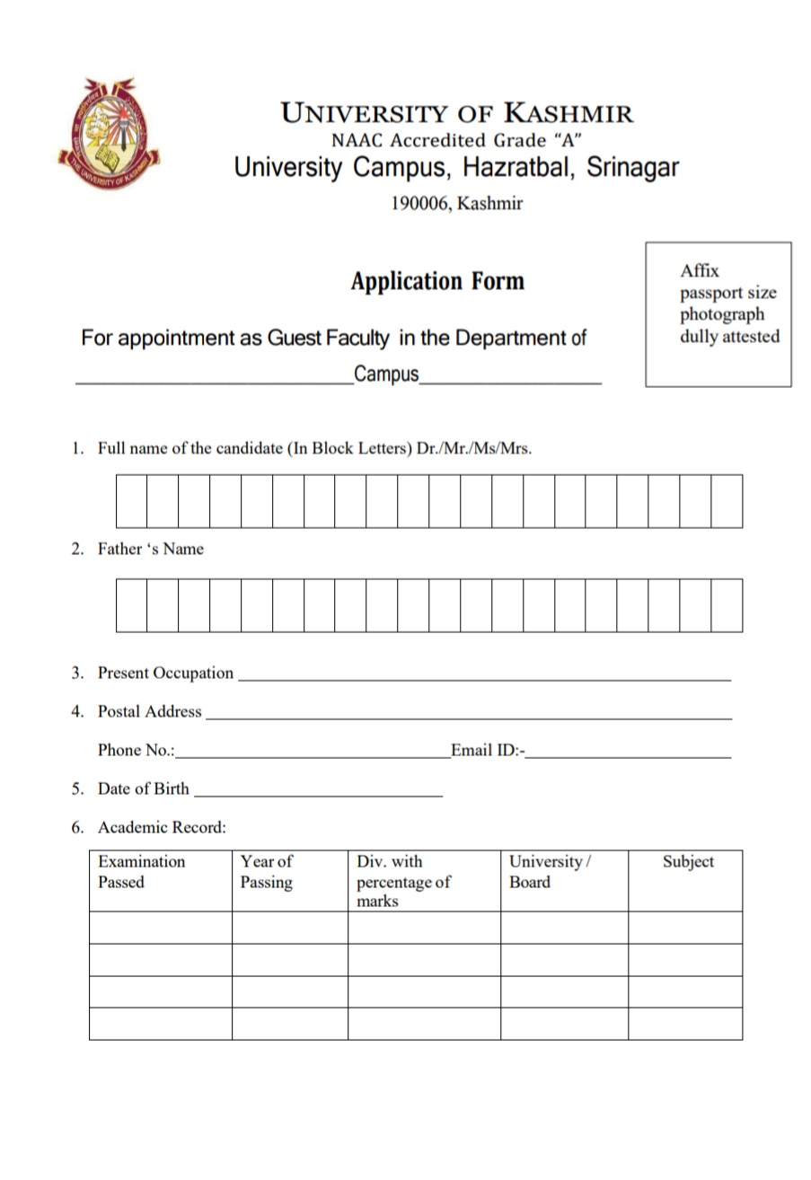 KASHMIR UNIVERSITY KU KUPWARA CAMPUS COMPUTER SCIENCE FACULTY RECRUITMENT ADVT NOTIFICATION NO KU2025/DFAS/ Guest Faculty