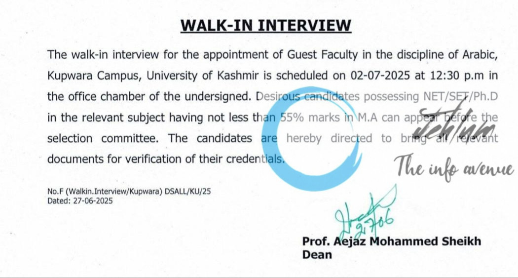 KASHMIR UNIVERSITY KU DSALL DISCIPLINE OF ARABIC KUPWARA CAMPUS FACULTY RECRUITMENT ADVT NOTIFICATION NO DSALL/KU/25