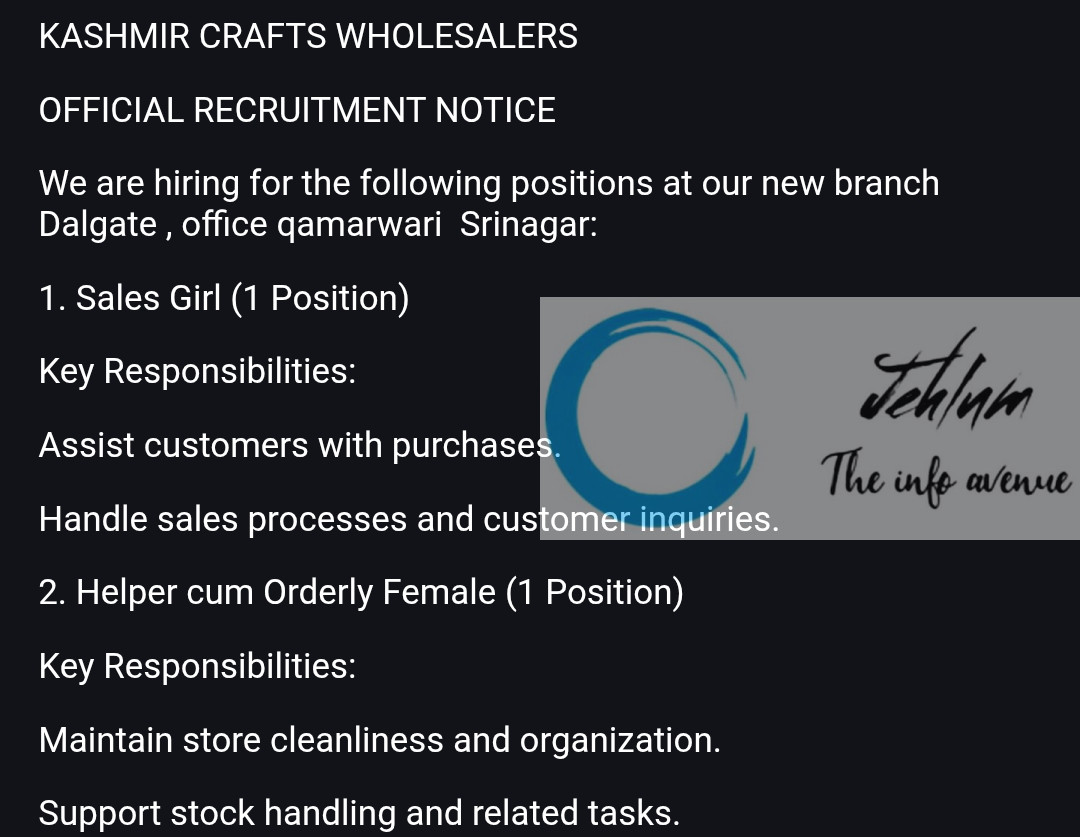 KASHMIR CRAFTS WHOLESALERS SRINAGAR JOBS RECRUITMENT NOTICE 2025