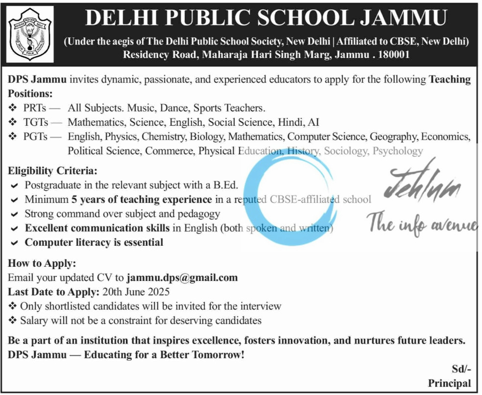 DELHI PUBLIC SCHOOL DPS JAMMU JOBS OPENINGS 2025