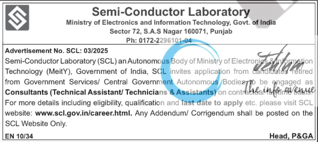MeitY Semi-Conductor Laboratory Recruitment Advertisement No SCL 03/2025