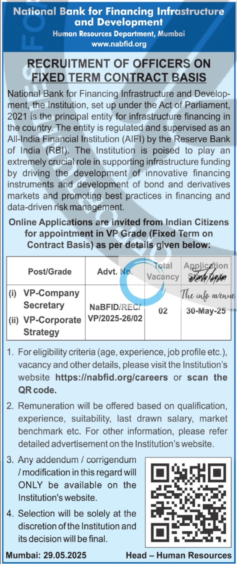 National Bank for Financing Infrastructure and Development Recruitment Advertisement Notice NaBFID/REC/VP/2025-26/02