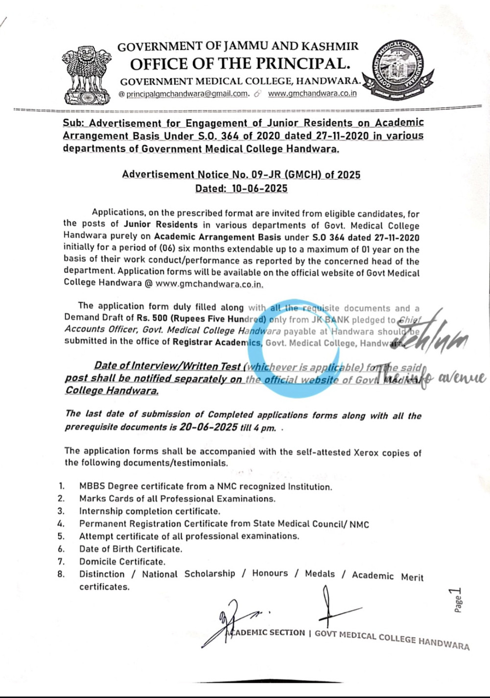 GMC HANDWARA JUNIOR RESIDENTS ACADEMIC ARRANGEMENT ADVERTISEMENT NOTICE NO 09-JR GMCH OF 2025