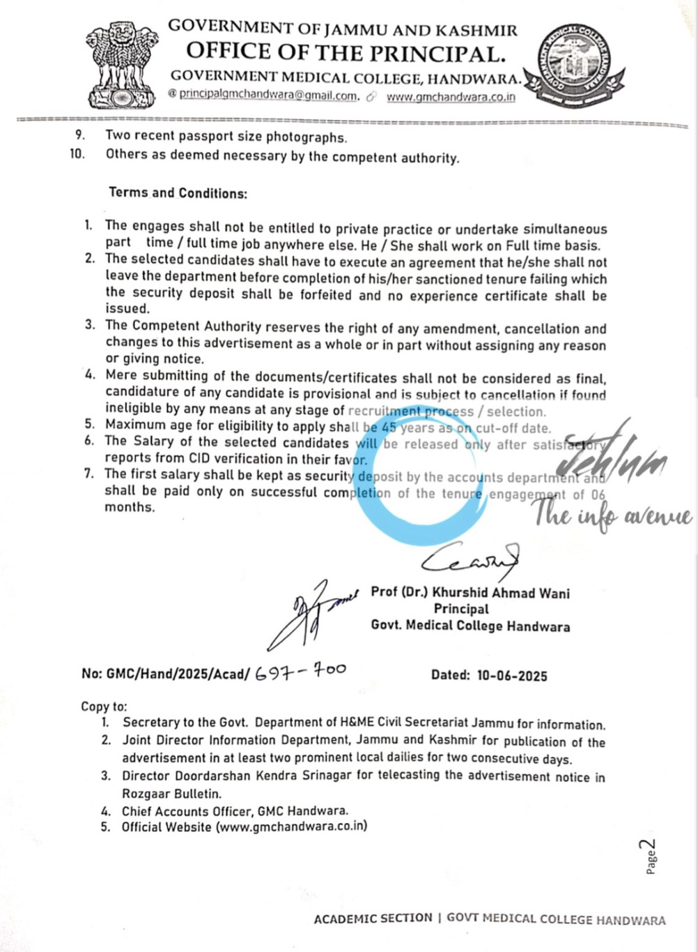 GMC HANDWARA JUNIOR RESIDENTS ACADEMIC ARRANGEMENT ADVERTISEMENT NOTICE NO 09-JR GMCH OF 2025