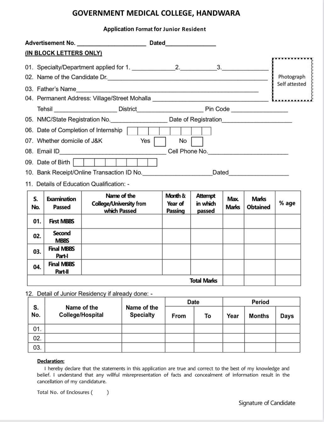 GOVERNMENT MEDICAL COLLEGE GMC HANDWARA JUNIOR RESIDENTS ACADEMIC ARRANGEMENT ADVERTISEMENT NOTICE NO 09-JR GMCH OF 2025