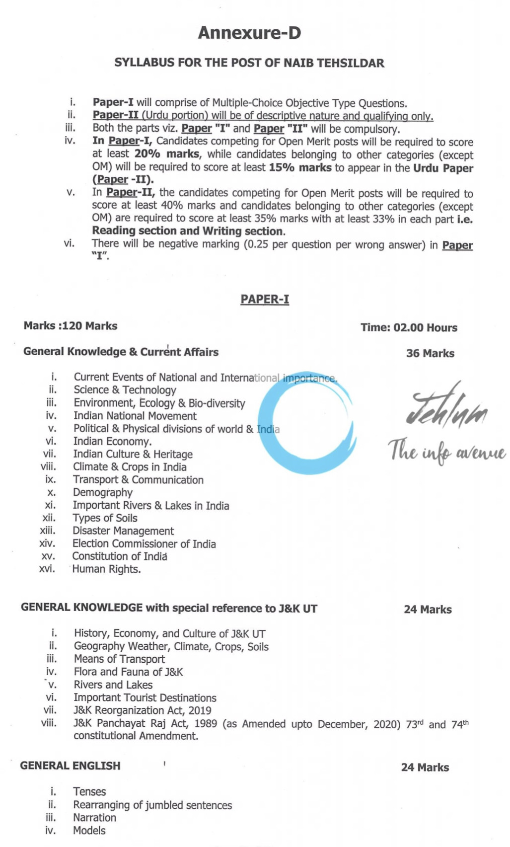JKSSB REVENUE DEPARTMENT NAIB TEHSILDAR RECRUITMENT ADVERTISEMENT NO 05 of 2025 - Syllabus