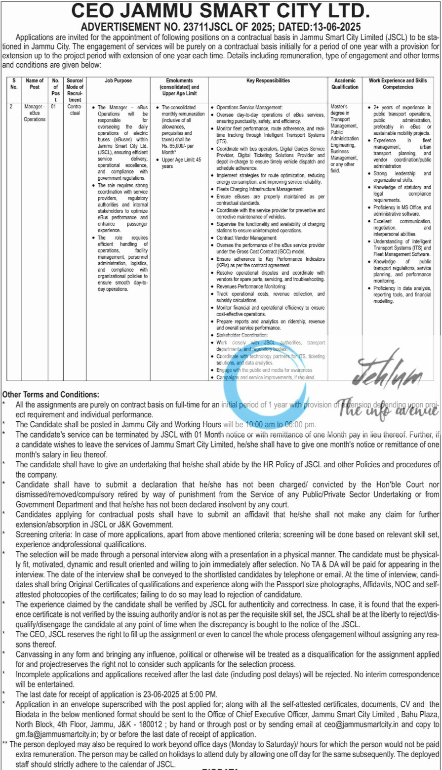 JAMMU SMART CITY LTD eBUS OPERATIONS MANAGER RECRUITMENT ADVERTISEMENT NO 23711JSCL OF 2025