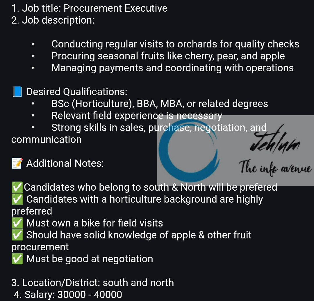 Qul Fruits Kashmir Procurement Executive Job Vacancy 2025