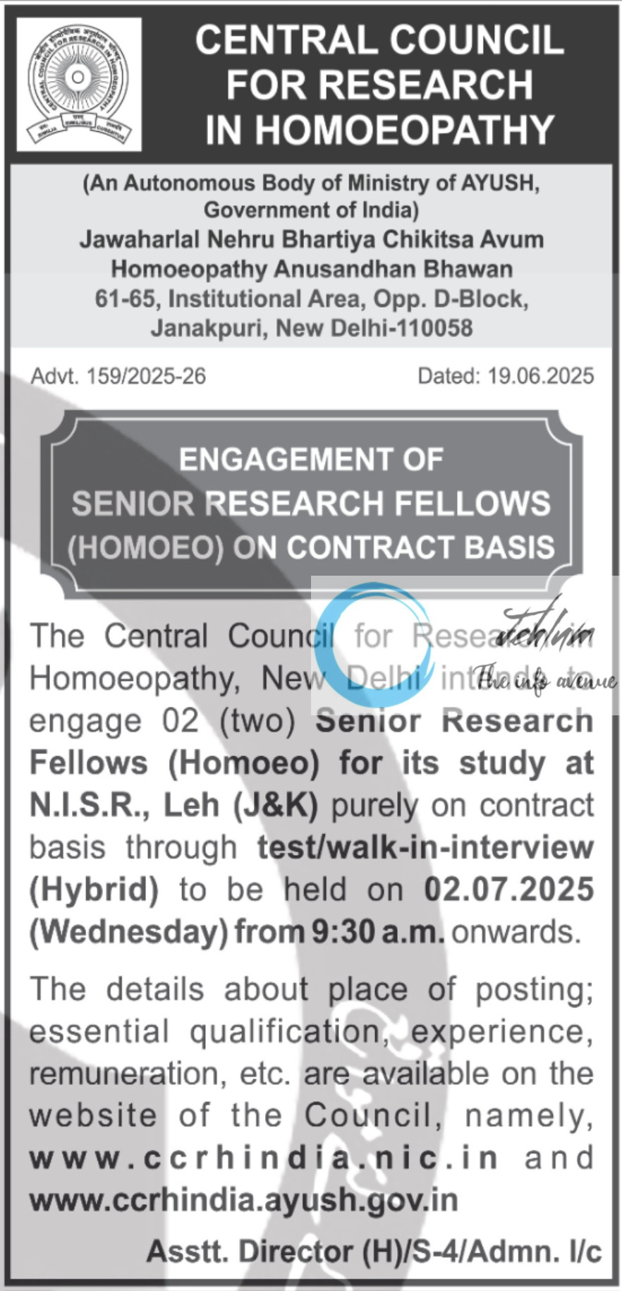 CENTRAL COUNCIL FOR RESEARCH IN HOMOEOPATHY CCRH INDIA SRF RECRUITMENT ADVT NO 159/2025-26
