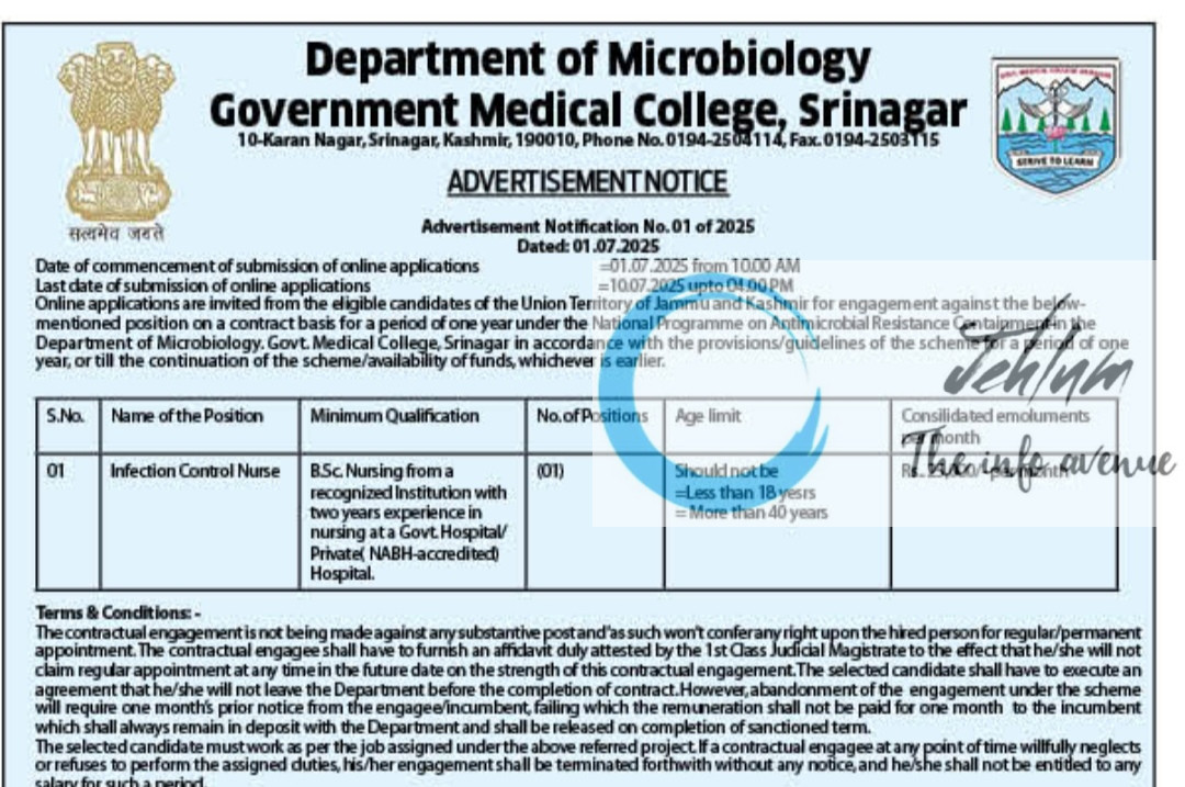 GOVT MEDICAL COLLEGE GMC SRINAGAR DEPARTMENT OF MICROBIOLOGY RECRUITMENT ADVT NOTIFICATION NO 01 of 2025
