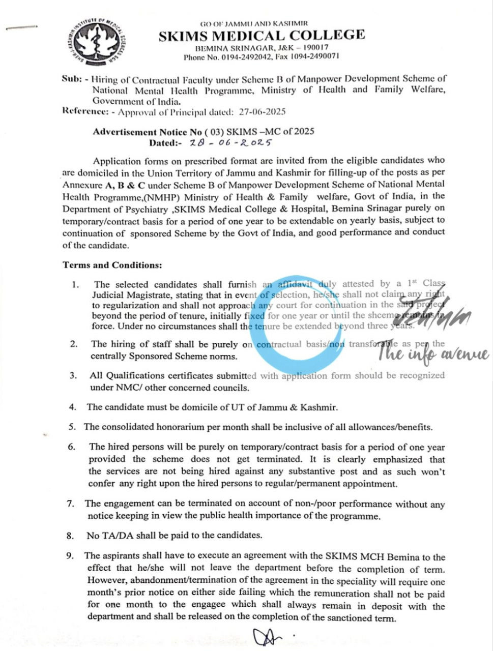 SKIMS MEDICAL COLLEGE BEMINA FACULTY RECRUITMENT ADVT NOTIFICATION NO 03 SKIMS-MC of 2025