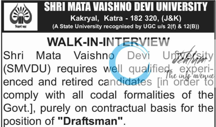 SHRI MATA VAISHNO DEVI UNIVERSITY DRAFTSMAN RECRUITMENT ADVT NOTIFICATION NO SMVDU/Adm/Estt/NT-Rect/01 of 2025/535