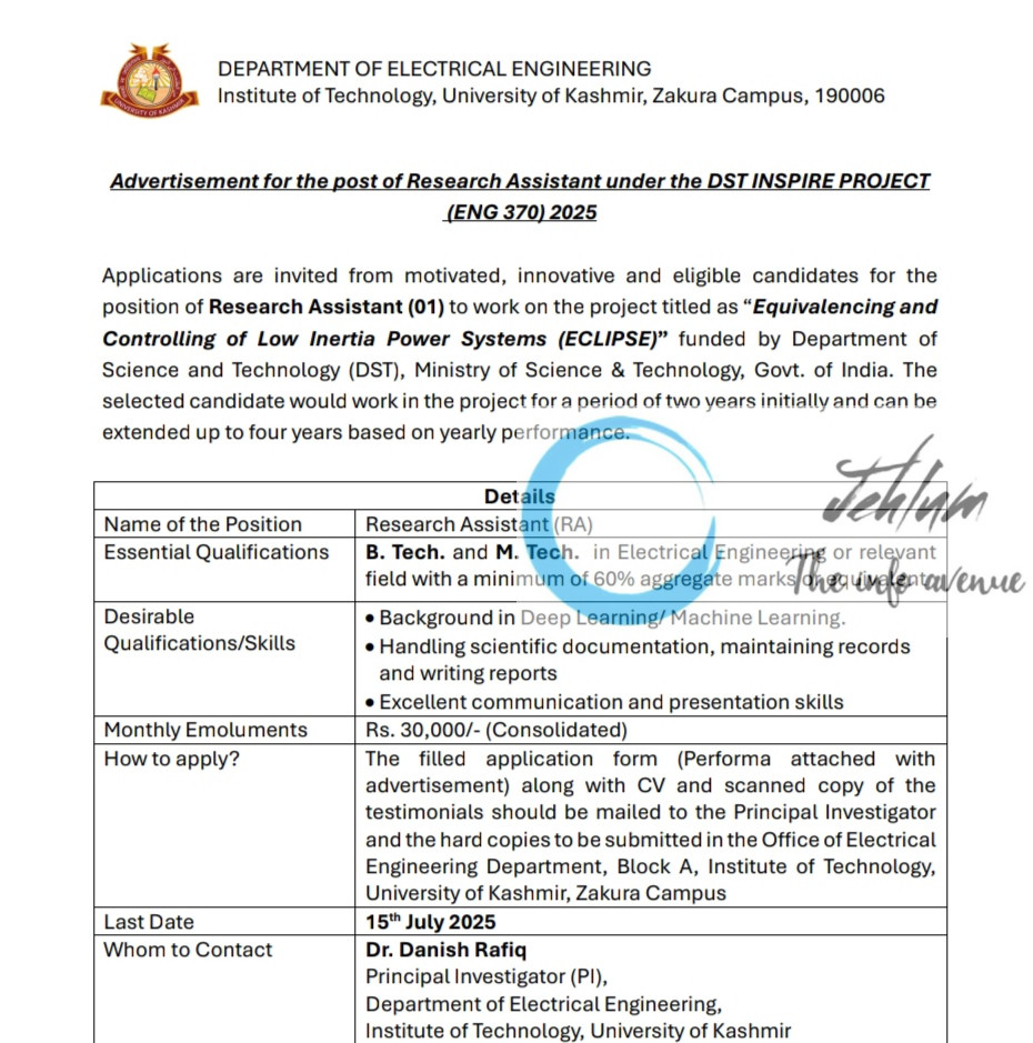 KU INSTITUTE OF TECHNOLOGY ZAKURA DEPARTMENT OF ELECTRICAL ENGINEERING RESEARCH ASSISTANT RECRUITMENT ADVT NOTIFICATION 2025