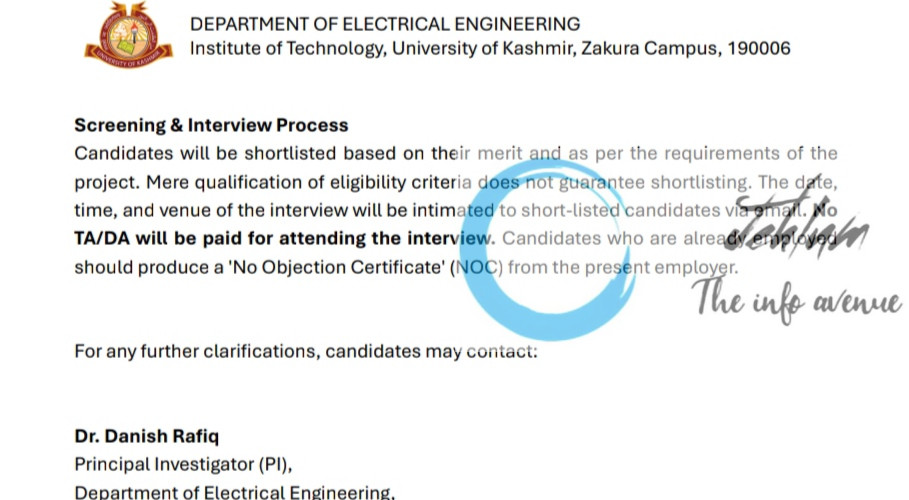 KASHMIR UNIVERSITY KU INSTITUTE OF TECHNOLOGY ZAKURA DEPARTMENT OF ELECTRICAL ENGINEERING RESEARCH ASSISTANT RECRUITMENT ADVT NOTIFICATION 2025