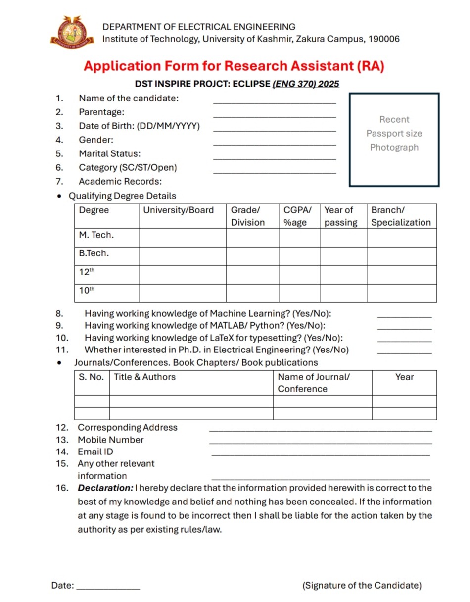 KU INSTITUTE OF TECHNOLOGY ZAKURA DEPARTMENT OF ELECTRICAL ENGINEERING RESEARCH ASSISTANT RECRUITMENT ADVT NOTIFICATION 2025