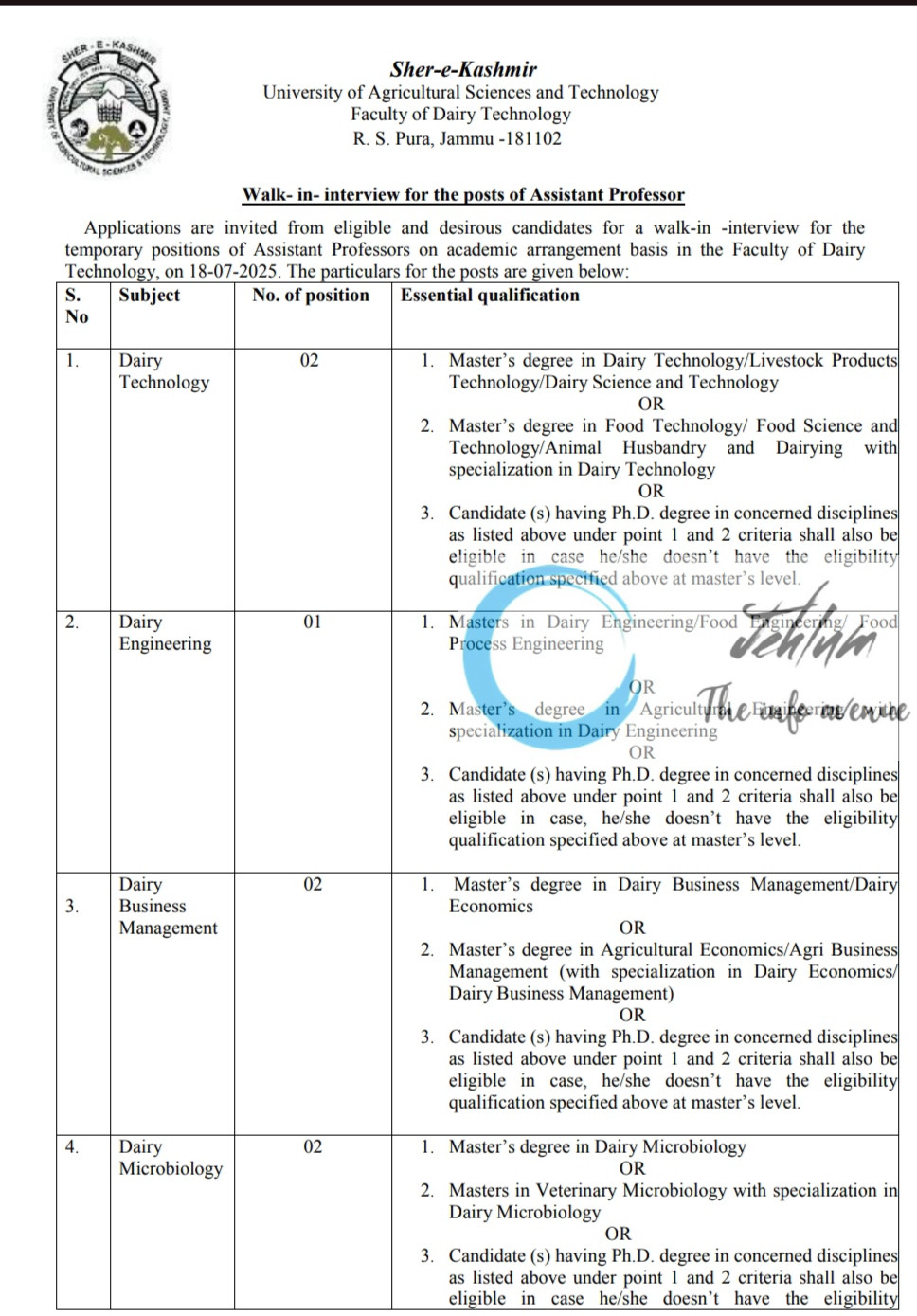 SKUAST JAMMU FACULTY OF DAIRY TECHNOLOGY AP RECRUITMENT ADVT NOTIFICATION NO AUJ/FDT/25-26/F-5/128-132 SKUAST KASHMIR FACULTY OF DAIRY TECHNOLOGY AP RECRUITMENT ADVT NOTIFICATION NO AUJ/FDT/25-26/F-5/128-132