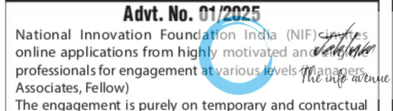 NATIONAL INNOVATION FOUNDATION NIF INDIA RECRUITMENT ADVT NOTIFICATION NO 01/2025