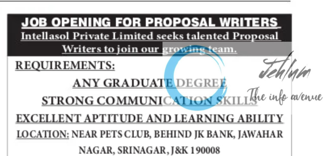 INTELLASOL PRIVATE LIMITED SRINAGAR WRITERS JOBS OPENING 2025