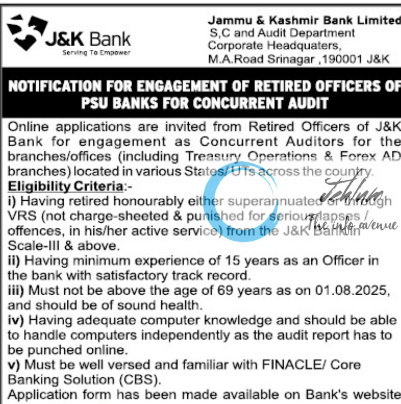 JAMMU AND KASHMIR BANK LIMITED CONCURRENT AUDITORS RECRUITMENT ADVT NOTIFICATION NO S&C/CHQ/25-2789
