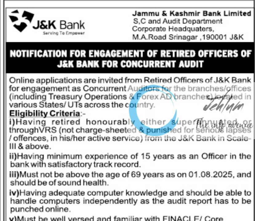 JAMMU AND KASHMIR BANK LIMITED CONCURRENT AUDITORS RECRUITMENT ADVT NOTIFICATION NO S&C/CHQ/25-2788