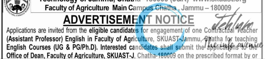 SKUAST JAMMU FACULTY OF AGRICULTURE AP RECRUITMENT ADVT NOTIFICATION NO AUJ/Dean/FoA/25-26/F-66/1207