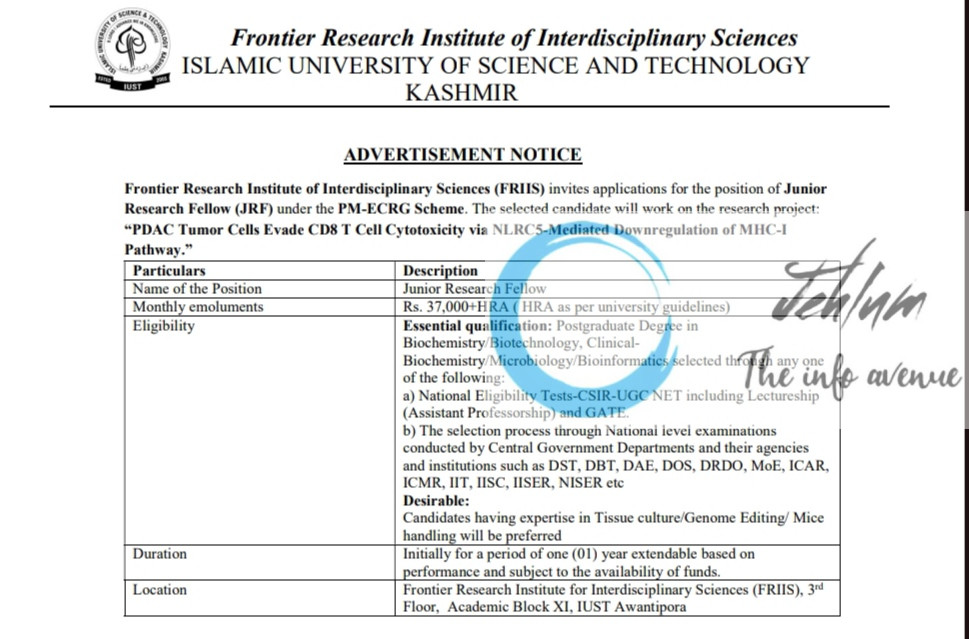 IUST FRONTIER RESEARCH INSTITUTE OF INTERDISCIPLINARY SCIENCES FRIIS JRF RECRUITMENT ADVT NOTIFICATION 2025