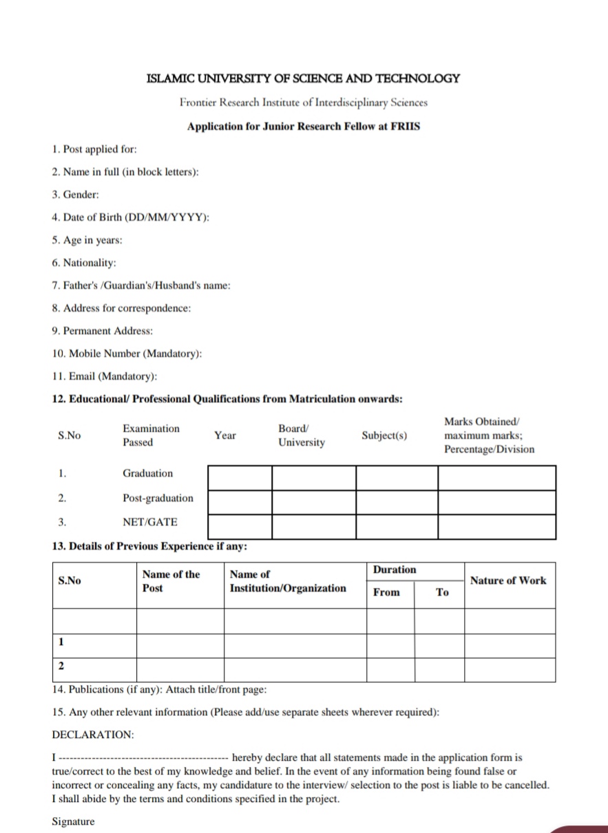 IUST FRONTIER RESEARCH INSTITUTE OF INTERDISCIPLINARY SCIENCES FRIIS JRF RECRUITMENT ADVT NOTIFICATION 2025