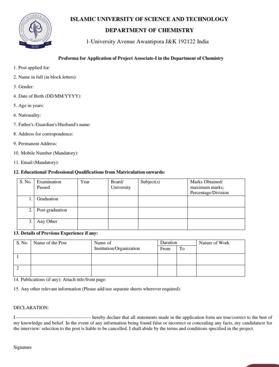 IUST DEPARTMENT OF CHEMISTRY PROJECT ASSOCIATE RECRUITMENT ADVT NOTIFICATION 2025