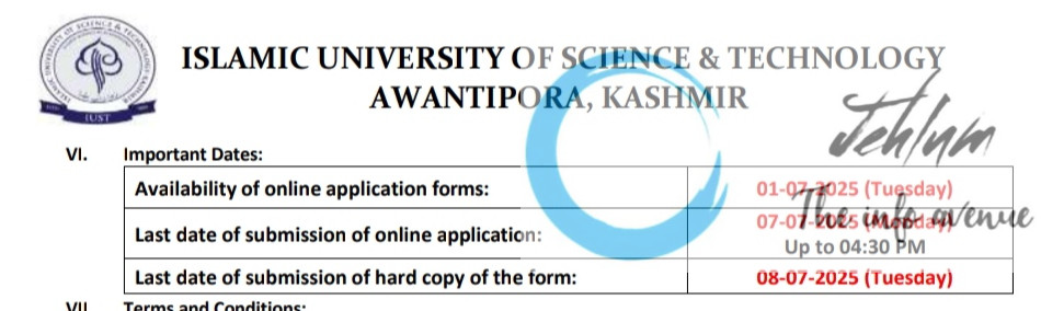 ISLAMIC UNIVERSITY OF SCIENCE AND TECHNOLOGY AWANTIPORA AP RECRUITMENT ADVT NOTIFICATION NO IUST/DAA-Acad/25/1062