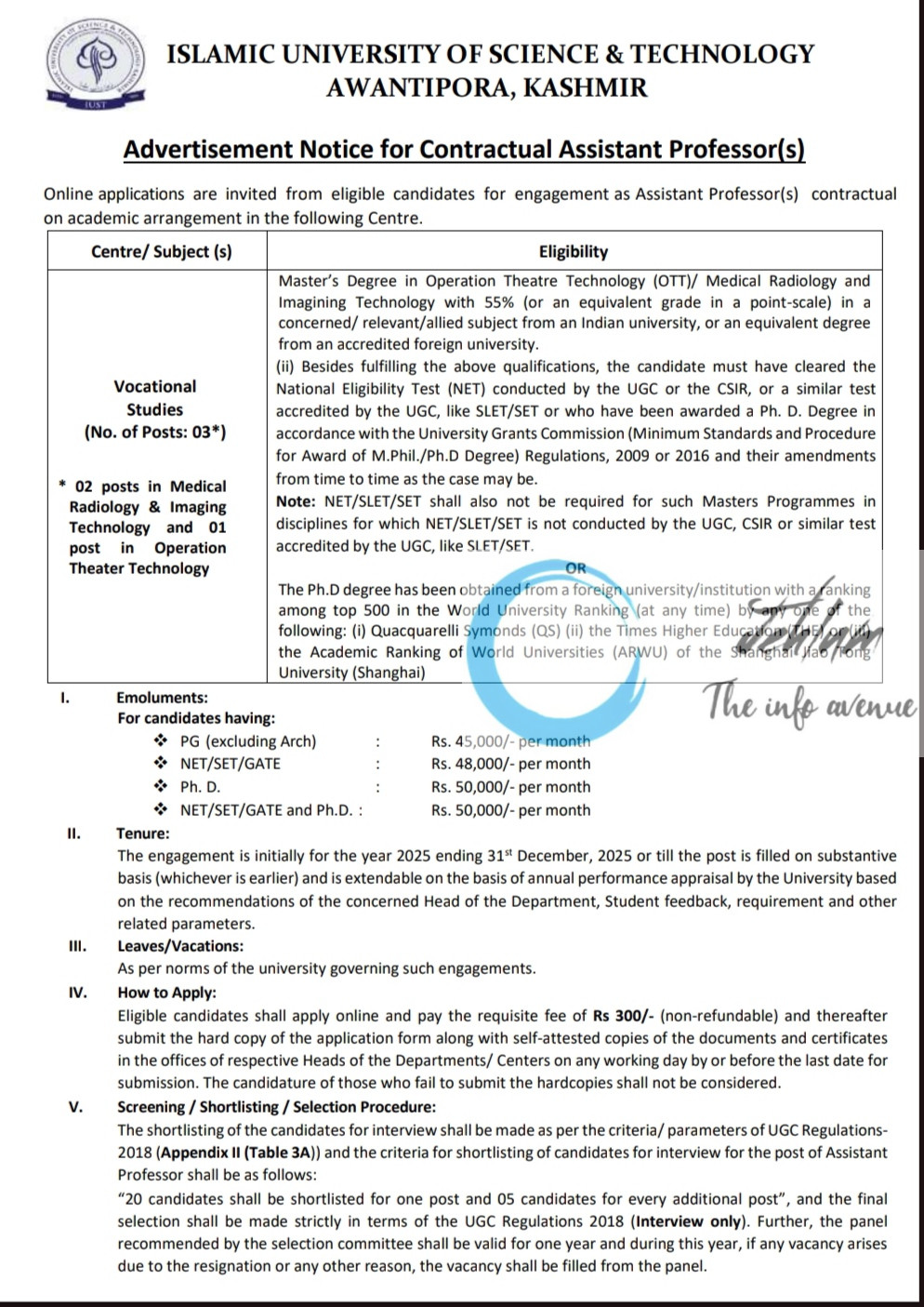 ISLAMIC UNIVERSITY OF SCIENCE AND TECHNOLOGY AWANTIPORA AP RECRUITMENT ADVT NOTIFICATION NO IUST/DAA-Acad/25/1062