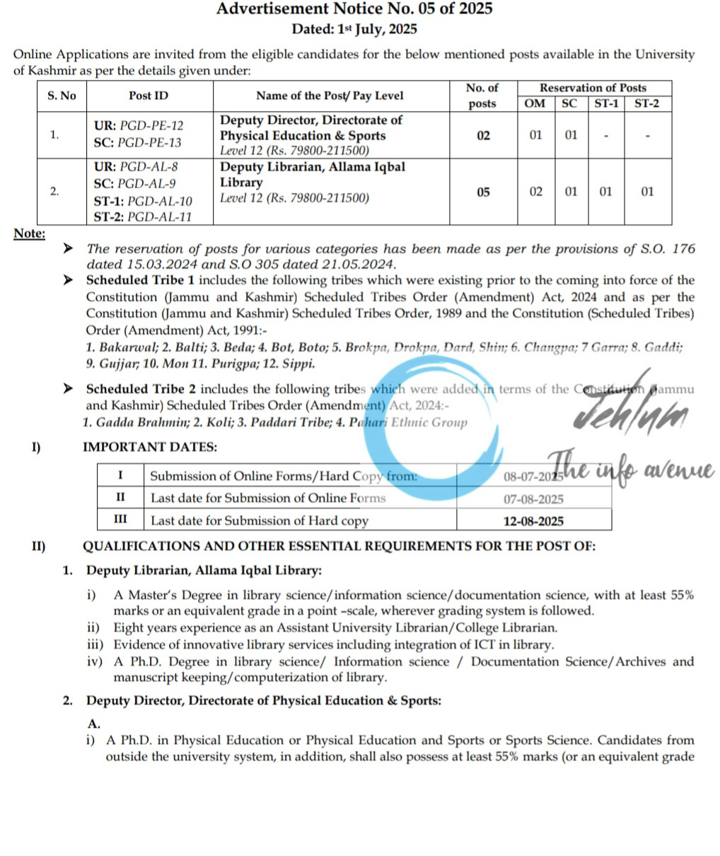 UNIVERSITY OF KASHMIR KU RECRUITMENT ADVT NOTIFICATION NO 05 of 2025