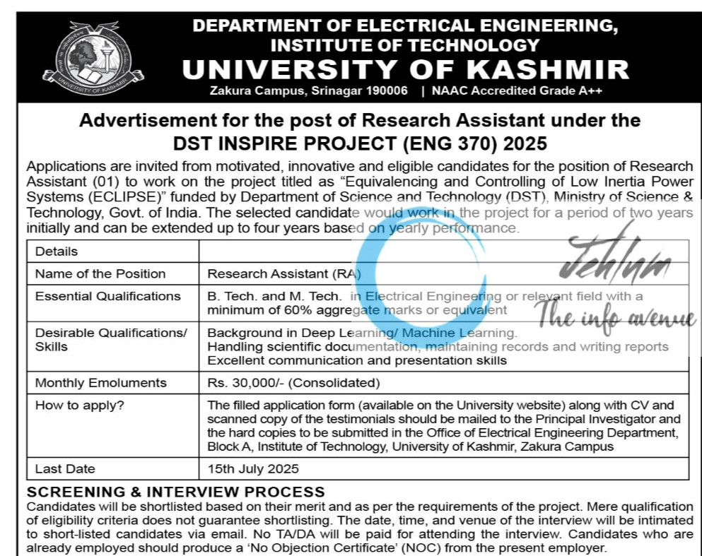 KU ZAKURA CAMPUS DEPARTMENT OF ELECTRICAL ENGINEERING INSTITUTE OF TECHNOLOGY RESEARCH ASSISTANT RECRUITMENT ADVT NOTIFICATION 2025