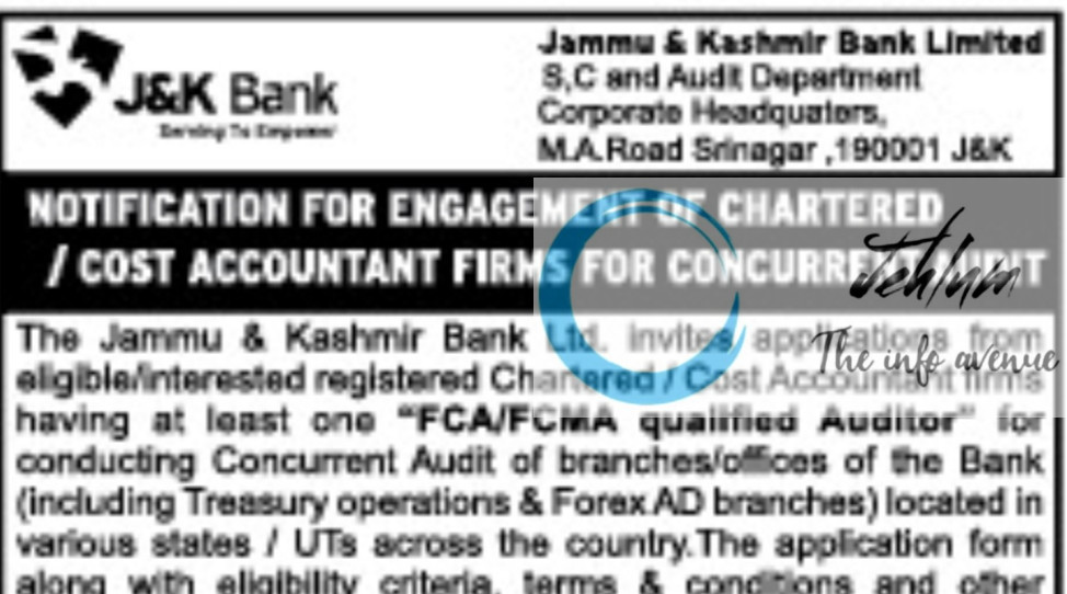 JAMMU AND KASHMIR BANK LIMITED CHARTERED/COST ACCOUNTANT FIRMS RECRUITMENT ADVT NOTIFICATION NO S&C/CHQ/25-2787