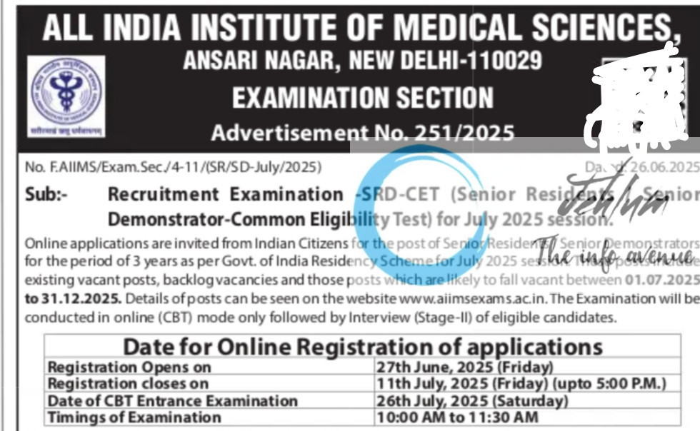 ALL INDIA INSTITUTE OF MEDICAL SCIENCES AIIMS NEW DELHI SENIOR RESIDENT RECRUITMENT ADVT NOTIFICATION NO 251/2025 ALL INDIA INSTITUTE OF MEDICAL SCIENCES NEW DELHI SENIOR RESIDENT RECRUITMENT ADVT NOTIFICATION NO 251/2025