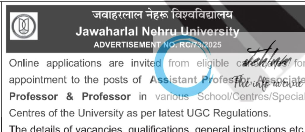 JAWAHARLAL NEHRU UNIVERSITY JNU RECRUITMENT ADVT NOTIFICATION NO RC/73/2025