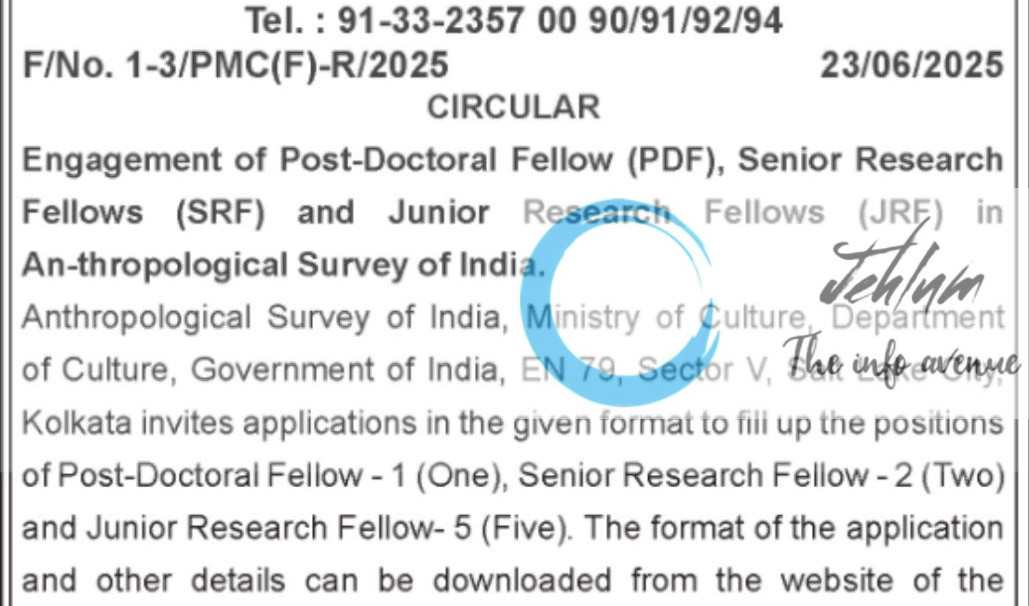ANTHROPOLOGICAL SURVEY OF INDIA ANSI RECRUITMENT ADVT NOTIFICATION 2025