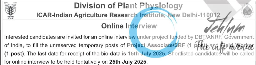 ICAR IARI DIVISION OF PLANT PHYSIOLOGY RECRUITMENT ADVT NOTIFICATION 2025