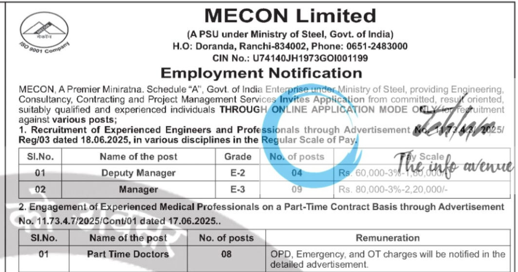 MECON LIMITED RECRUITMENT ADVT NOTIFICATION NO 11-73-4-3/2025/Reg/0311-73-4-7/2025/Cont/01