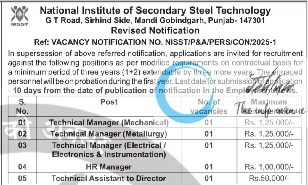 NATIONAL INSTITUTE OF SECONDARY STEEL TECHNOLOGY RECRUITMENT ADVT NOTIFICATION NO NISST/P&A/PERS/CON/2025-1