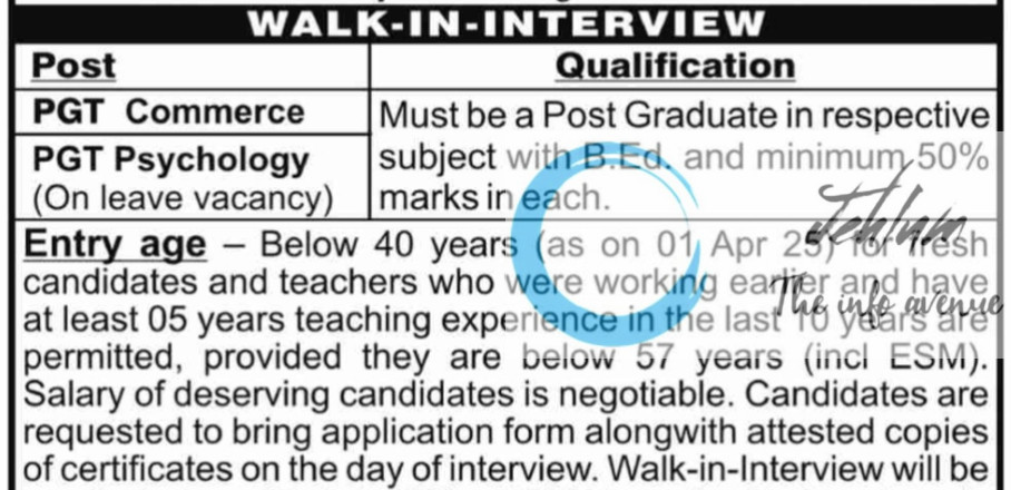 ARMY PUBLIC SCHOOL APS BD BARI SAMBA WALK-IN-INTERVIEW NOTIFICATION 2025