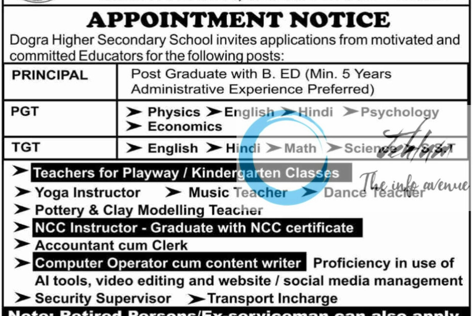 DOGRA HR SEC SCHOOL JAMMU JOBS OPENINGS 2025