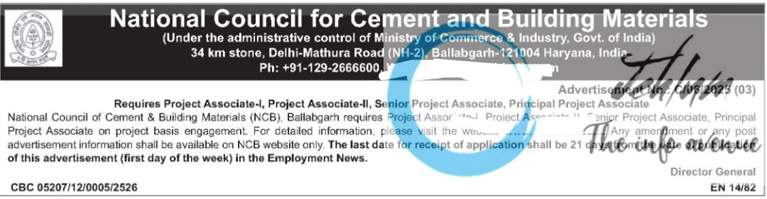 NATIONAL COUNCIL FOR CEMENT AND BUILDING MATERIALS NCB RECRUITMENT ADVT NOTIFICATION NO C/06/2025-03