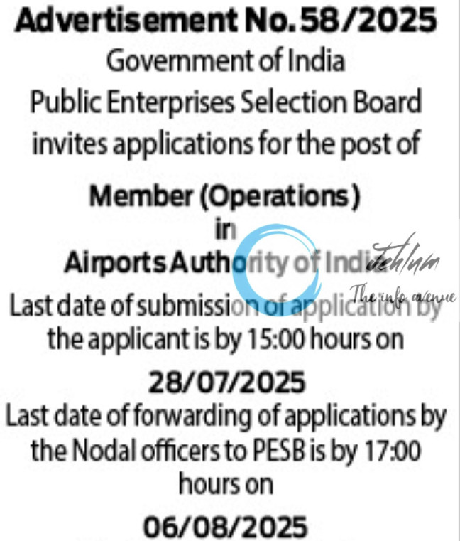 PUBLIC ENTERPRISES SELECTION BOARD PESB RECRUITMENT ADVT NOTIFICATION NO 58/2025