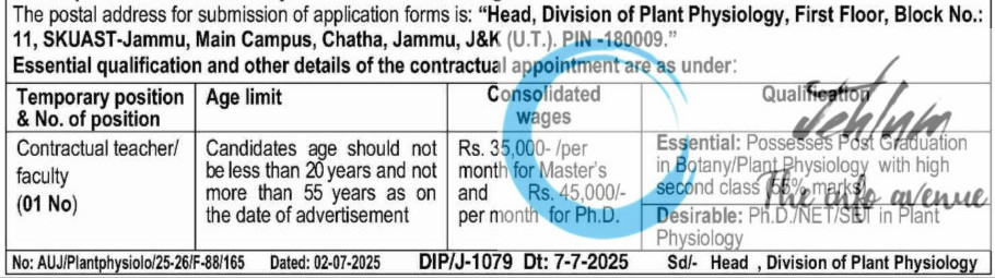 SKUAST JAMMU DIVISION OF PLANT PHYSIOLOGY FACULTY RECRUITMENT ADVT NOTIFICATION NO 01 of 2025