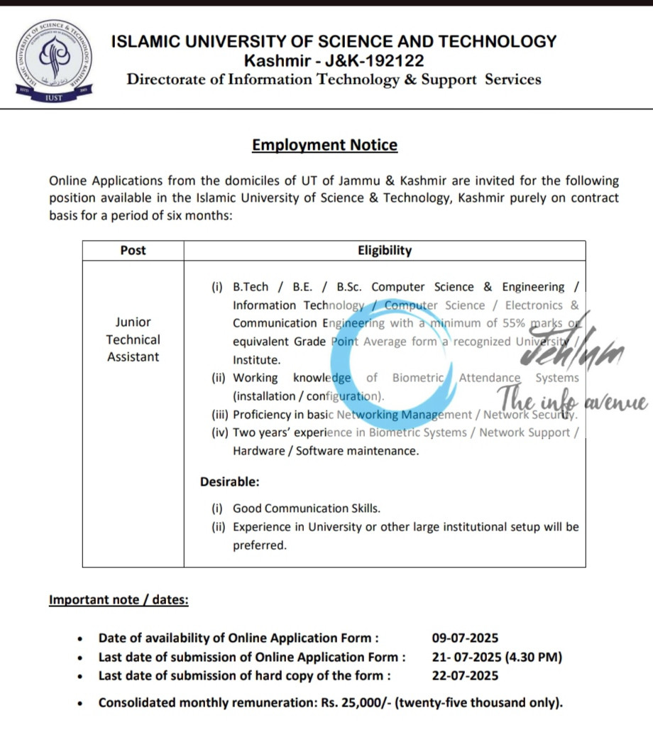 IUST DIRECTORATE OF INFORMATION TECHNOLOGY AND SUPPORT SERVICES JUNIOR TECHNICAL ASSISTANT RECRUITMENT ADVT NOTIFICATION NO IUST/DIT&SS/25/303