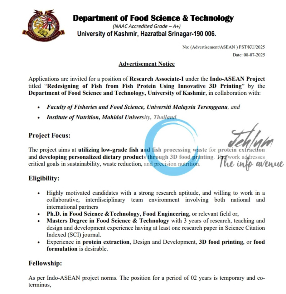 KASHMIR UNIVERSITY KU DEPARTMENT OF FOOD SCIENCE AND TECHNOLOGY RESEARCH ASSOCIATE RECRUITMENT ADVT NOTIFICATION NO FST/KU/2025