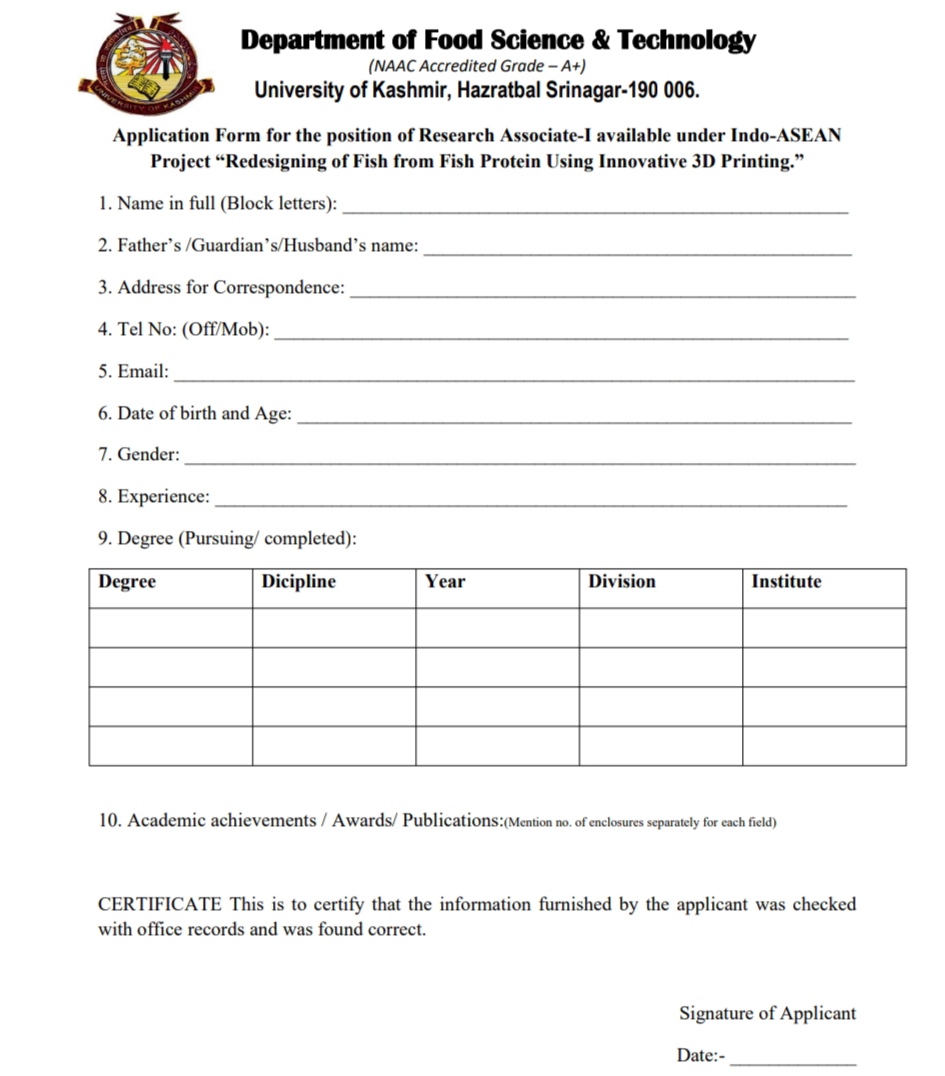 KASHMIR UNIVERSITY KU DEPARTMENT OF FOOD SCIENCE AND TECHNOLOGY RESEARCH ASSOCIATE RECRUITMENT ADVT NOTIFICATION NO FST/KU/2025