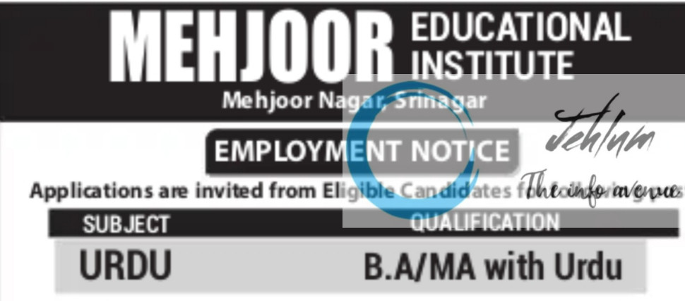 MEHJOOR EDUCATIONAL INSTITUTE SRINAGAR TEACHERS JOBS OPENING 2025