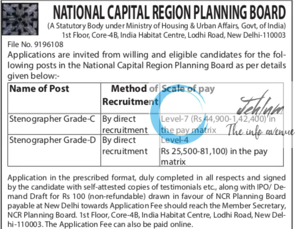 NATIONAL CAPITAL REGION PLANNING BOARD NCRPB STENOGRAPHER RECRUITMENT ADVT NOTIFICATION NO 9196108